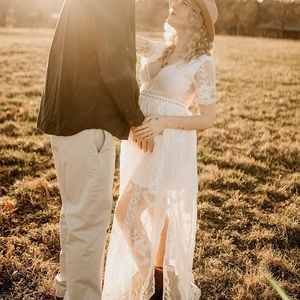 White boho lace bridesmaid wedding dress maxi long
